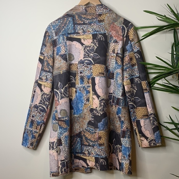 Tempo Paris | Mosaic Floral Print Multi Colored Faux Suede Open Front Jacket M - Picture 12 of 17